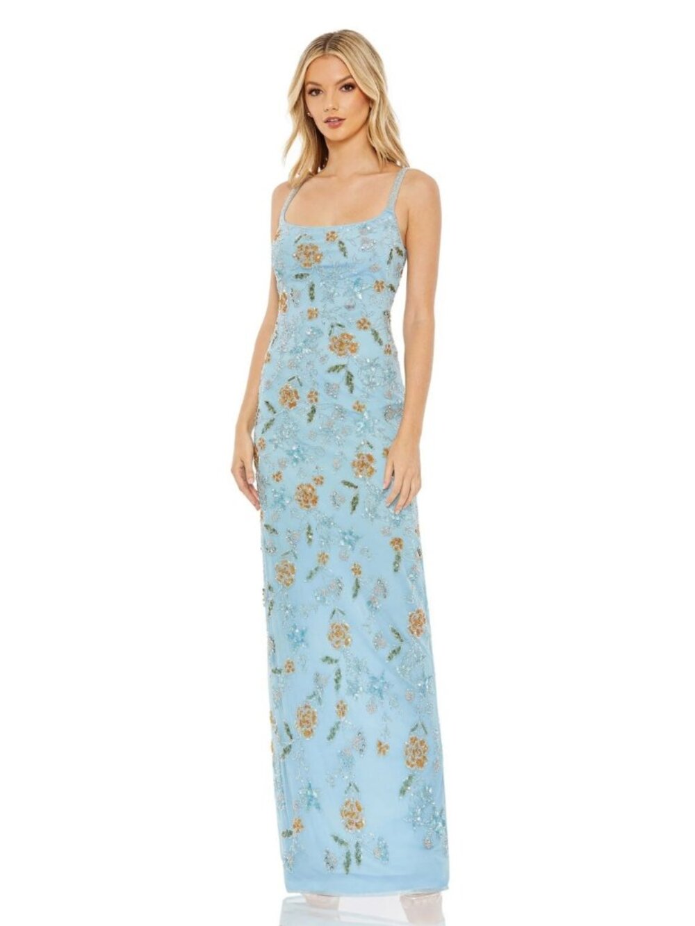 NWT Mac Duggal Hand Beaded Floral Evening Gown Blue Size 18 MSRP $598